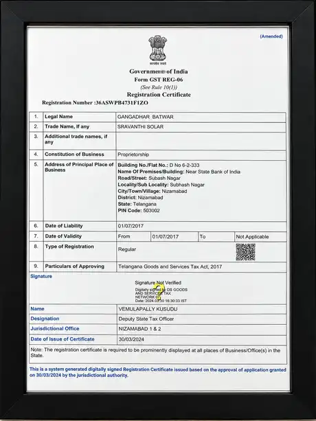 Government of India Form GST REG-06 Registration Certificate for Sravanthi Solar Nizamabad