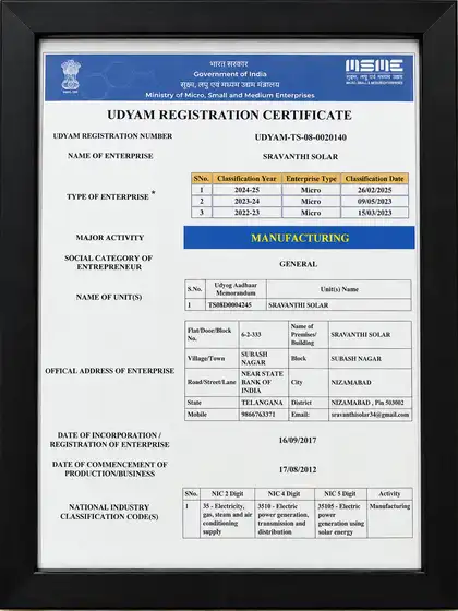 Government of India MSME Udyam Registration Certificate for Sravanthi Solar Power Generation