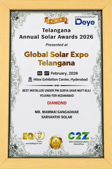 Telangana Annual Solar Awards 2026 Diamond Award for Best Solar Rooftop Installer in Nizamabad District