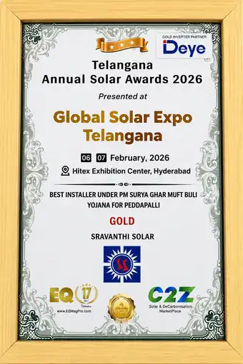 Telangana Annual Solar Awards 2026 Gold Award for Best Solar Rooftop Installer in Peddapalli District