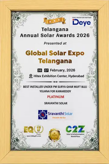Telangana Annual Solar Awards 2026 Platinum Award for Best Solar Rooftop Installer in Kamareddy District