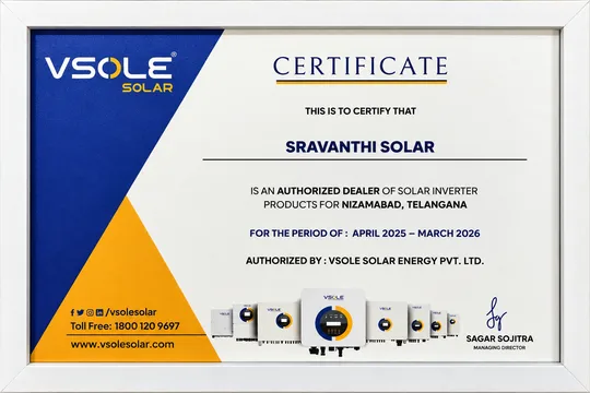 VSOLE Solar Inverter Authorized Dealership Certificate for Nizamabad Region